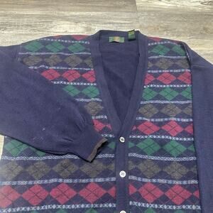 Vintage 90s Club Room Blue Red Argyle Mens XL Merino Wool Cardigan Sweater Italy